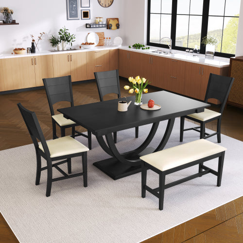 6-Piece Wood Half Round Dining Table Set Kitchen Table Set with Long Bench and 4 Dining Chairs, Modern Style, Gray