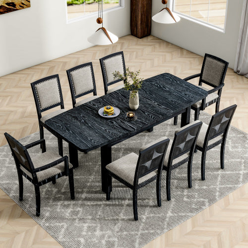 Rustic Extendable 84inch Dining Table Set with 24inch Removable Leaf , 6 Upholstered Armless Dining Chairs and 2 Padded Arm Chairs, 9 Pieces, Black