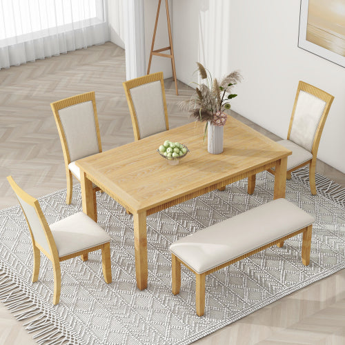 Rustic Solid Wood 6-piece Dining Table Set, PU Leather Upholstered Chairs and Bench, Natural Wood Wash