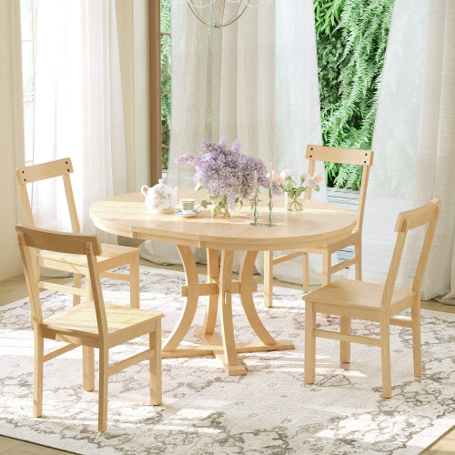 5-Piece Rustic Round Pedestal Extendable Dining Table Set with 15.7" Removable Leaf and Simple Dining Chirs for Small Places, Natural