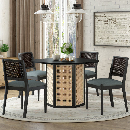 5-Piece Rattan Round Dining Table Set, Wood Table with Hexagonal Base and Upholstered Chairs for Dining Room, Kitchen,Indoor Use, Black+Gray