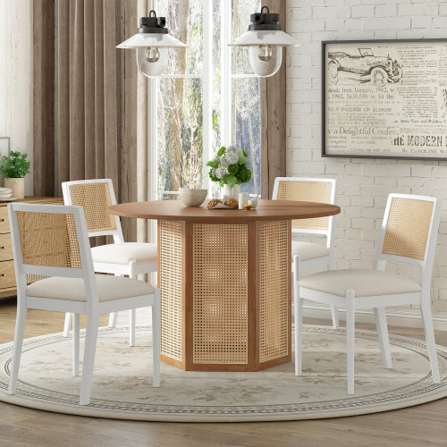 5-Piece Rattan Round Dining Table Set, Wood Table with Hexagonal Base and Upholstered Chairs for Dining Room, Kitchen,Indoor Use, White+Beige