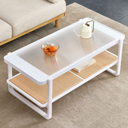 Contemporary and Versatile: Modern Minimalist White Double Layered Solid Wood Coffee Table with Glass Tabletop and Imitation Rattan Edge. Rectangular Design Suitable for Living Room, Dining Room, and Bedroom Use