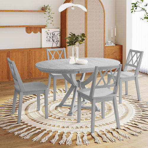 Mid-Century 5-Piece Extendable Round Dining Table Set with 15.7" Removable Leaf and 4 Cross Back Dining Chairs, Grey