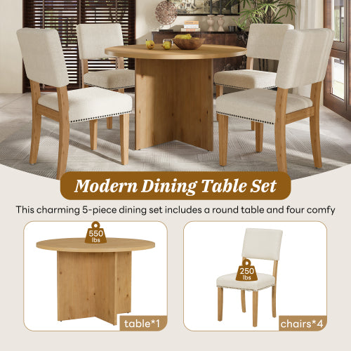 Modern 5-Piece Round Dining Table Set Pedestal Kitchen Table Set with 4 Upholstered Dining Chairs for Studio, Apartment, Small Places, Natural