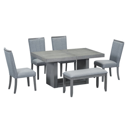 Contemporary 6-Piece 78inch Extendable Pedestal Dining Table Set with 18inch Removable Leaf and Dining Bench, 4 Upholstered Dining Chairs, Gray