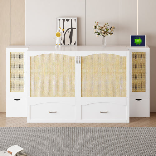 Queen Size Murphy Bed Wall Bed with Drawer and Rattan Decoration with 2 Storage Cabinets, One set of Sockets & USB Ports, Pulley Structure Design, White