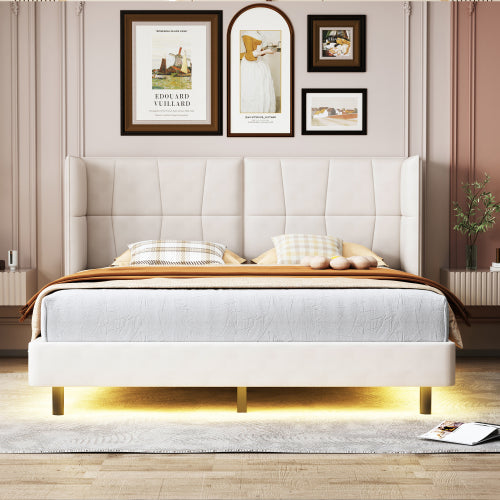 Queen Size Upholstered Platform Bed with LED Lights and U-Shaped Headboard, Linen Fabric, Beige