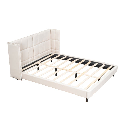 Queen Size Upholstered Platform Bed with LED Lights and U-Shaped Headboard, Linen Fabric, Beige