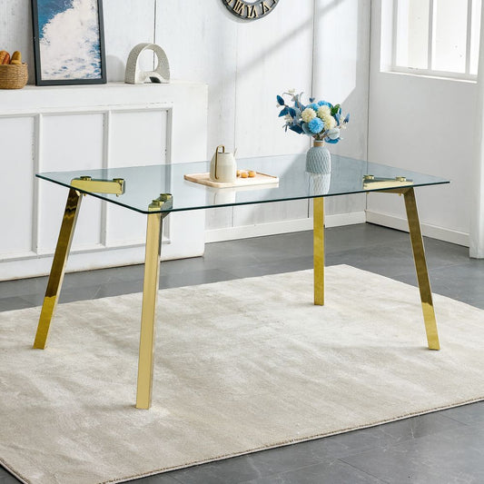 Elegant and Versatile: Modern Minimalist Rectangular Glass Dining Table with Tempered Glass Top and Golden Metal Legs - Perfect for Kitchen, Dining Room, and Living Room 63" x 35.4" x 30"