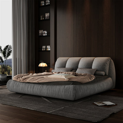 Queen Size Upholstered Platform Bed with Oversized Padded Backrest, Thickening Pinewooden Slats and Solid Wood Leg,Grey