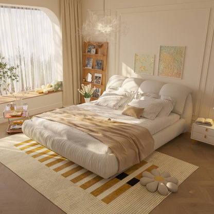 Queen Size Upholstered Platform Bed with Oversized Padded Backrest, Thickening Pinewooden Slats and Solid Wood Leg,Beige