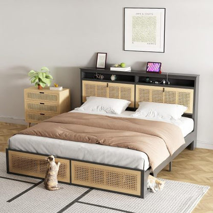 Boho Bed Frame Queen Size with Headboard, Rattan Bed Frame with Led Lights, Farmhouse Bed Frame with Storage, Charging Station and Cat Cabinet, NO Box Spring Needed, Metal and Wood Combine