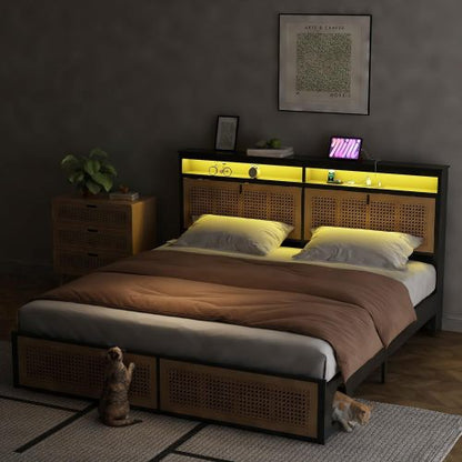 Boho Bed Frame Queen Size with Headboard, Rattan Bed Frame with Led Lights, Farmhouse Bed Frame with Storage, Charging Station and Cat Cabinet, NO Box Spring Needed, Metal and Wood Combine