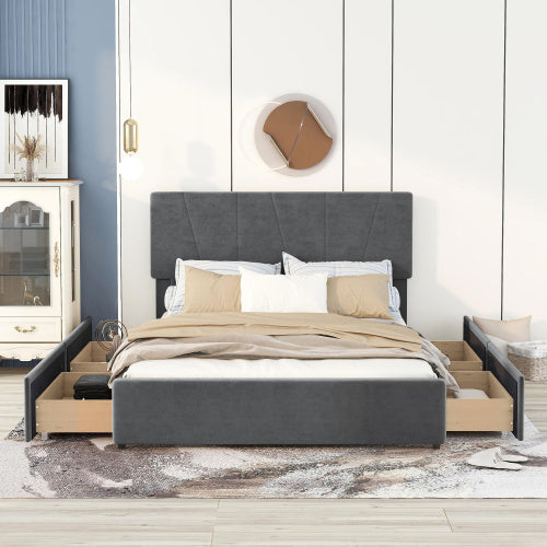 Queen Size Upholstery Platform Bed with Four Drawers on Two Sides, Adjustable Headboard, Grey