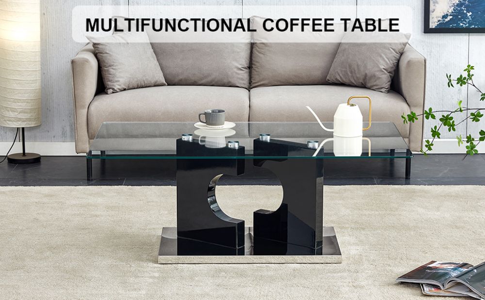 Contemporary Elegance: Rectangular Coffee Table with Tempered Glass Tabletop and Black MDF Legs - Perfect for the Living Room 47.2" x 25.5" x 18"