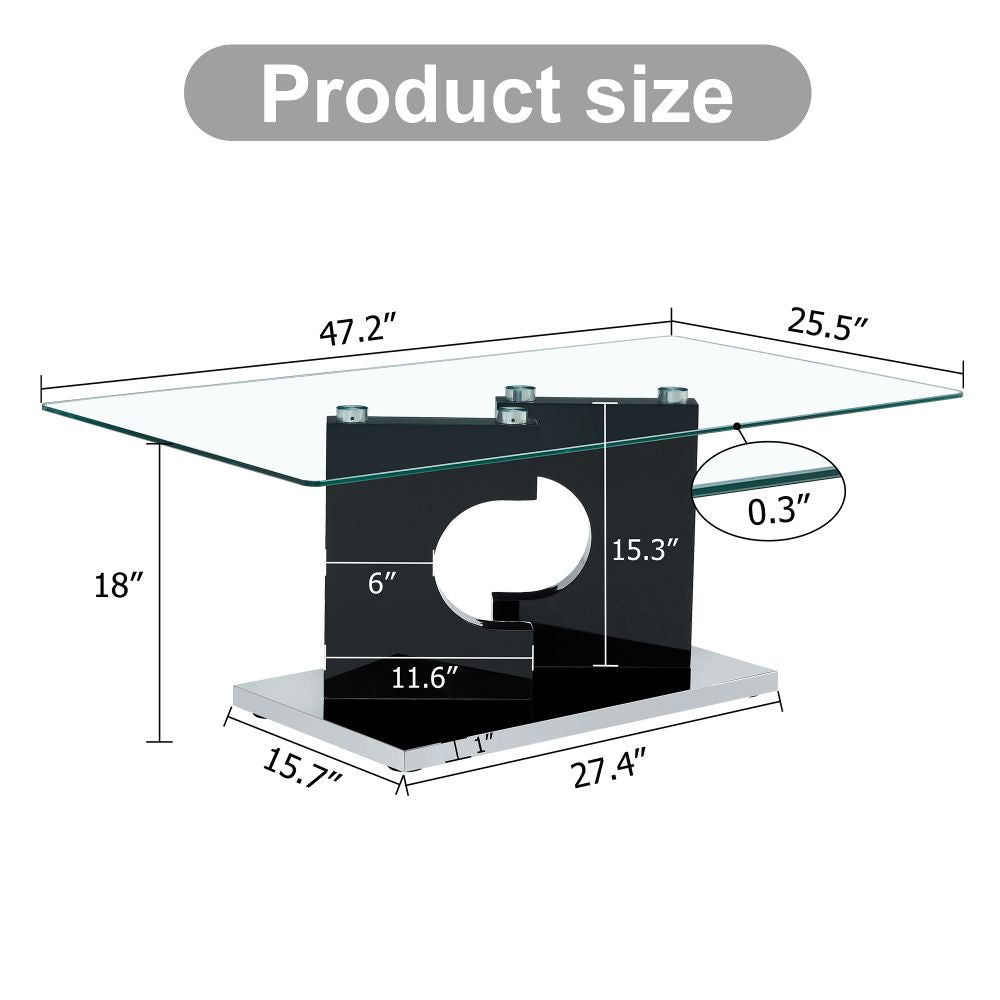 Contemporary Elegance: Rectangular Coffee Table with Tempered Glass Tabletop and Black MDF Legs - Perfect for the Living Room 47.2" x 25.5" x 18"