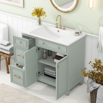 36-inch Bathroom Vanity, Transitional Style Bathroom Cabinet with Resin Sink, Green Single Bathroom Cabinet, with 2 Drawers and 1 Adjustable Storage Shelf, 2 Soft-close Doors