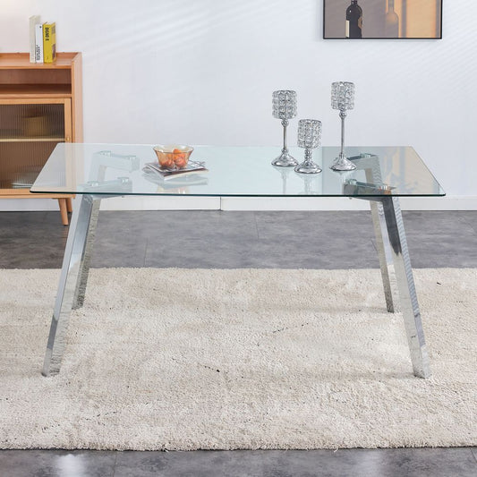 Sleek and Stylish: Modern Minimalist Rectangular Glass Dining Table with Tempered Glass Tabletop and Silver Metal Legs - Perfect for Kitchens, Restaurants, and Living Rooms 63" x 35.4" x 30"