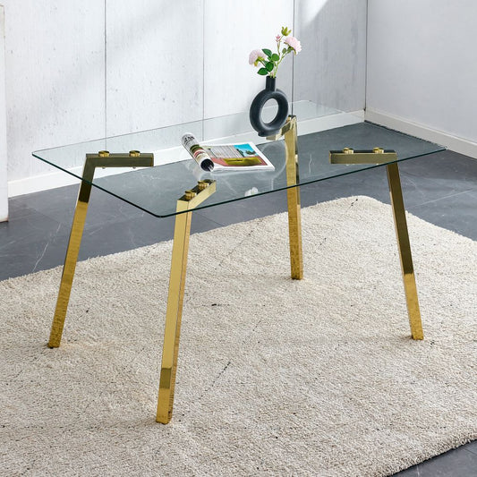 Sleek and Stylish: Modern Minimalist Rectangular Glass Dining Table with Tempered Glass Top and Golden Metal Legs - Perfect for Kitchen, Dining Room, and Living Room 51" x 31.5" x 29.5"