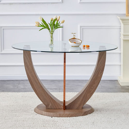 Sleek and Stylish: Modern Minimalist Circular Tempered Glass Dining Table with a Diameter of 48 inches. Glass Desktop with MDF Wood Texture Table Legs and Base 48'' x 48'' x 30''