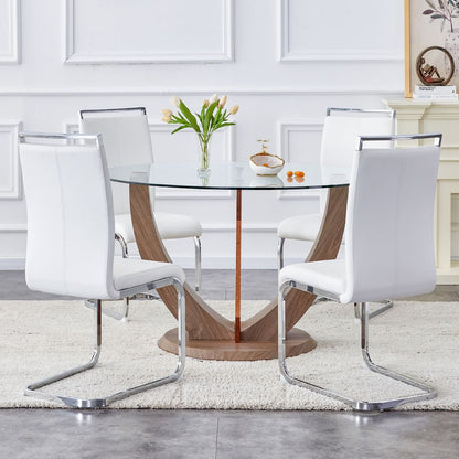 Sleek and Stylish: Modern Minimalist Circular Tempered Glass Dining Table with a Diameter of 48 inches. Glass Desktop with MDF Wood Texture Table Legs and Base 48'' x 48'' x 30''