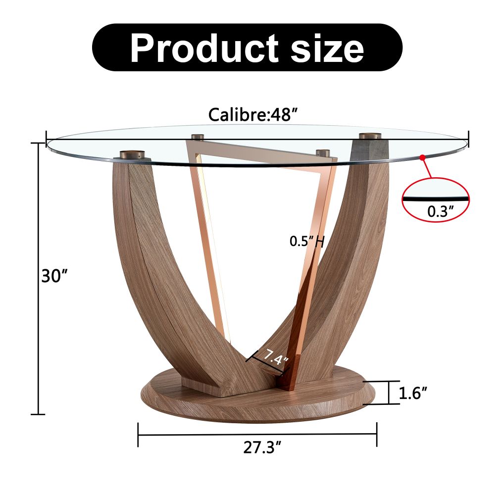 Sleek and Stylish: Modern Minimalist Circular Tempered Glass Dining Table with a Diameter of 48 inches. Glass Desktop with MDF Wood Texture Table Legs and Base 48'' x 48'' x 30''