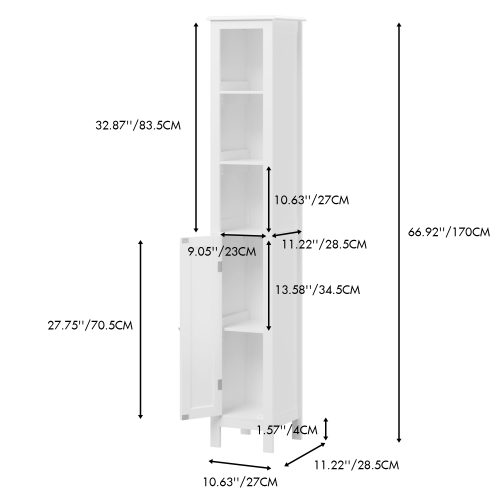 66.92" Tall Bathroom Storage Cabinet with Adjustable Shelves,1 Doors Freestanding Cabinet with Anti-Tip, Open compartments, for Home, Small Spaces, Bathroom,Kitchen, Living Room, White