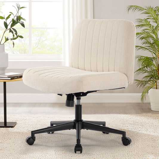 Office chair with wheels, armless office chair, linen wide seat home office chair, cute computer chair with 15 ° swing backrest, suitable for bedrooms and dressing tables