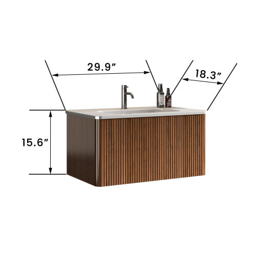 30" Floating Vanity with Striped Walnut Finish and White Ceramic Basin