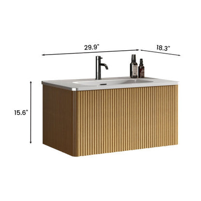 30" Floating Vanity with Striped Natural Oak Finish and White Ceramic Basin