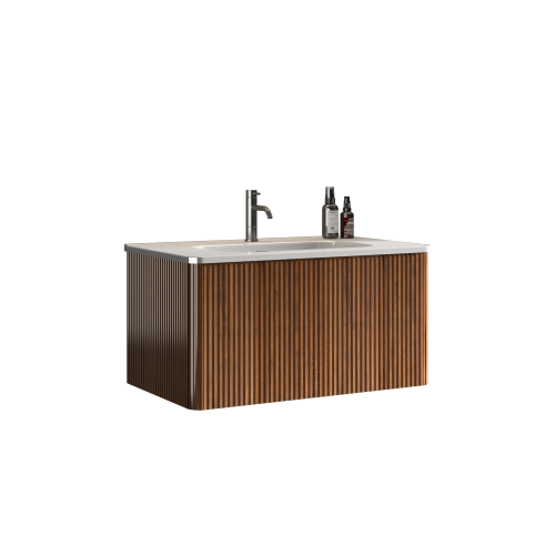 30" Floating Vanity with Striped Walnut Finish and White Ceramic Basin