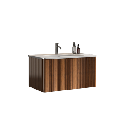 30" Floating Vanity with Striped Walnut Finish and White Ceramic Basin