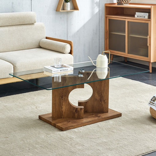 Contemporary and Stylish: Rectangular Coffee Table with Tempered Glass Tabletop and Wooden Color MDF Legs - Perfect for the Living Room 47.2" x 25.5" x 18"