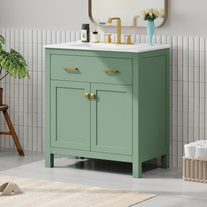 30-inch Bathroom Vanity with Ceramic Sink, Modern Green Single Bathroom Cabinet with 2 Doors and a Shelf, Soft Close Doors