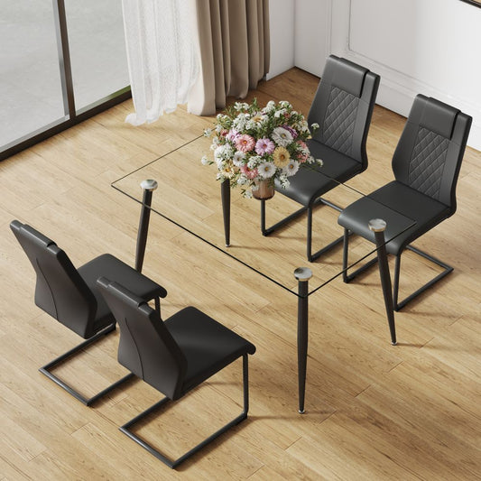 AKoiai-Modern and Stylish 5-Piece Dining Set: Glass Table with Tempered Glass Top and Black Metal Legs, Accompanied by Four Sleek Armless Dining Chairs in Black