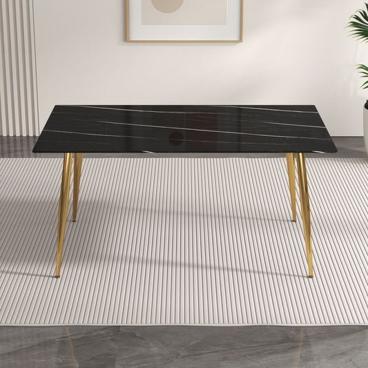 Sleek and Elegant: Modern Minimalist Rectangular Black Imitation Marble Dining Table with 0.4" Thickness and Gold Metal Legs - Perfect for Kitchen, Dining Room, and Living Room 63" x 35.4" x 30"