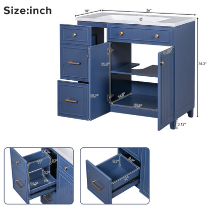 36-inch Bathroom Vanity, Transitional Style Bathroom Cabinet with Resin Sink, Navy Blue Single Bathroom Cabinet, with 2 Drawers and 1 Adjustable Storage Shelf, 2 Soft-close Doors