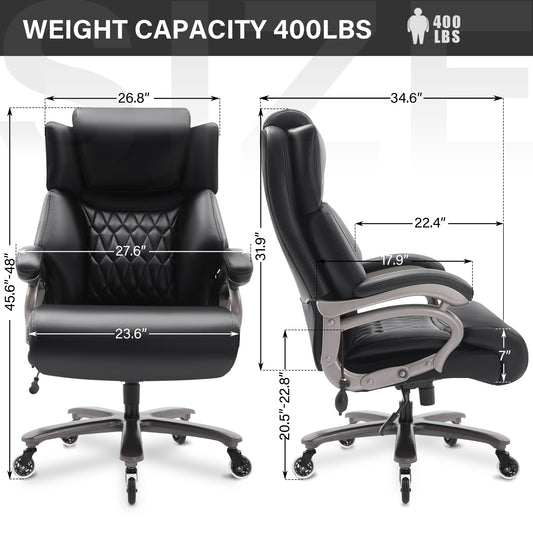 Big and Tall 400lbs Office Chair- Adjustable Lumbar Support Quiet Rubber Wheels Heavy Duty Metal Base, High Back Large Executive Computer Desk Chair, Thick Padded Ergonomic Chair, Black