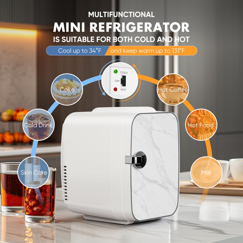 Mini Fridge, Portable Small Refrigerator 4L/6 Can Cooler & Warmer Compact Fridge for SkinCare, Food and Drinks, Small Fridge for Bedroom, Dorm, Car, Office, Marble White