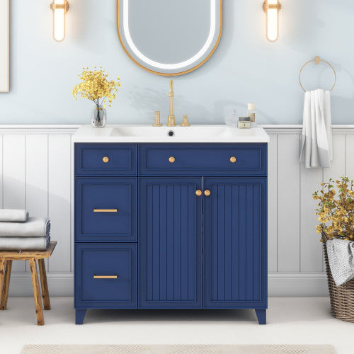 36-inch Bathroom Vanity, Transitional Style Bathroom Cabinet with Resin Sink, Navy Blue Single Bathroom Cabinet, with 2 Drawers and 1 Adjustable Storage Shelf, 2 Soft-close Doors